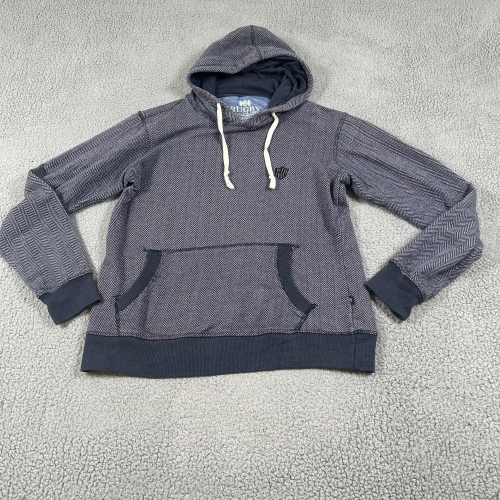 Rugby Hoodie Mens Small Gray Herringbone Pullover Kangaroo Pocket Sweatshirt